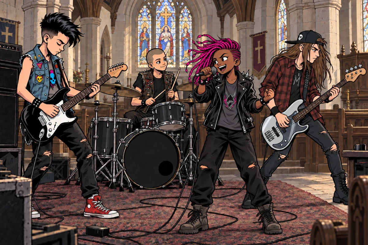 Punk-comic illustration of the band rehearsing together inside a church with stone arches and stained-glass windows