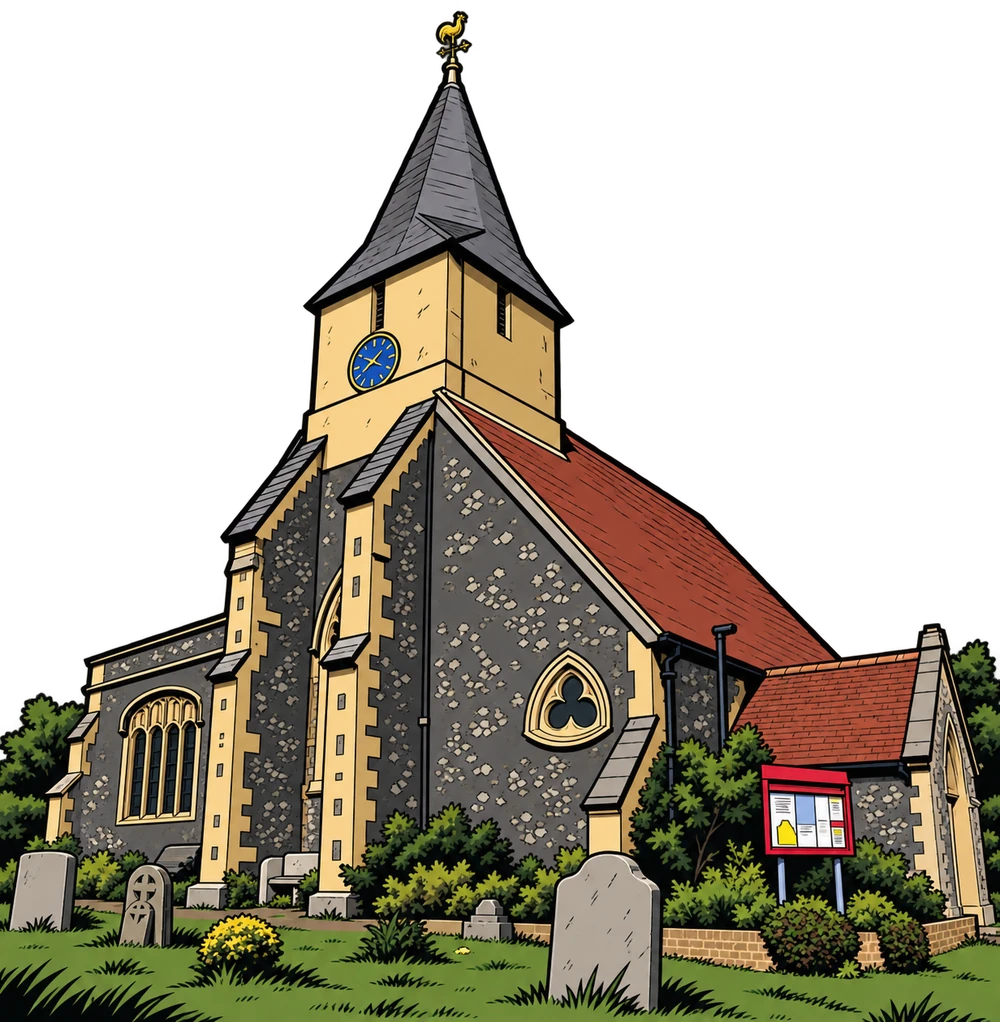 Illustration of All Saints Church, Sanderstead, with its blue clock and tall spire