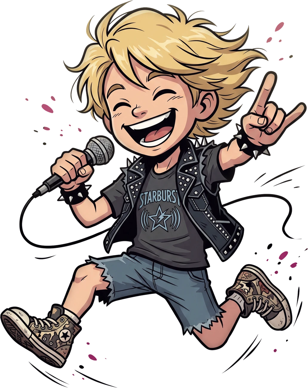 A young singer leaping mid-performance with a microphone