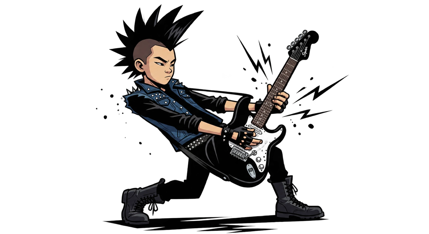 A young rhythm guitarist playing an electric guitar