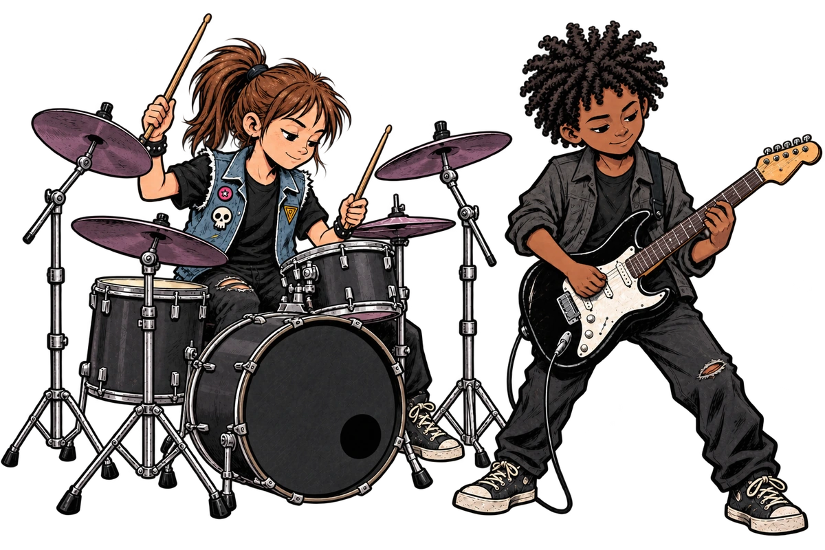 Punk-comic illustration of a young drummer and guitarist focused on playing together
