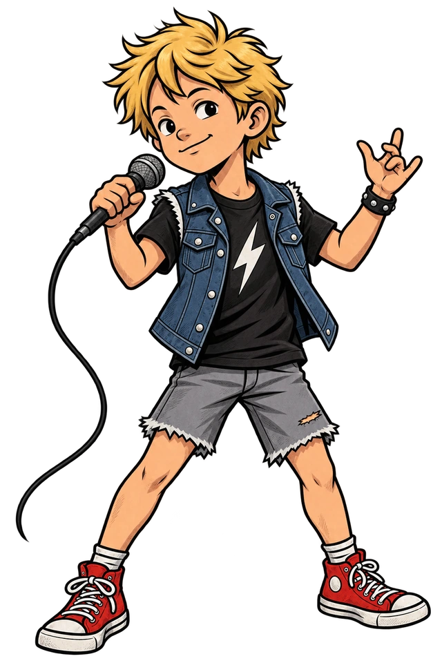 A young rock singer in shorts holding a microphone