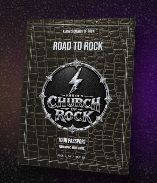 Road to Rock Tour Passport with the chrome Church of Rock emblem on its dark textured cover
